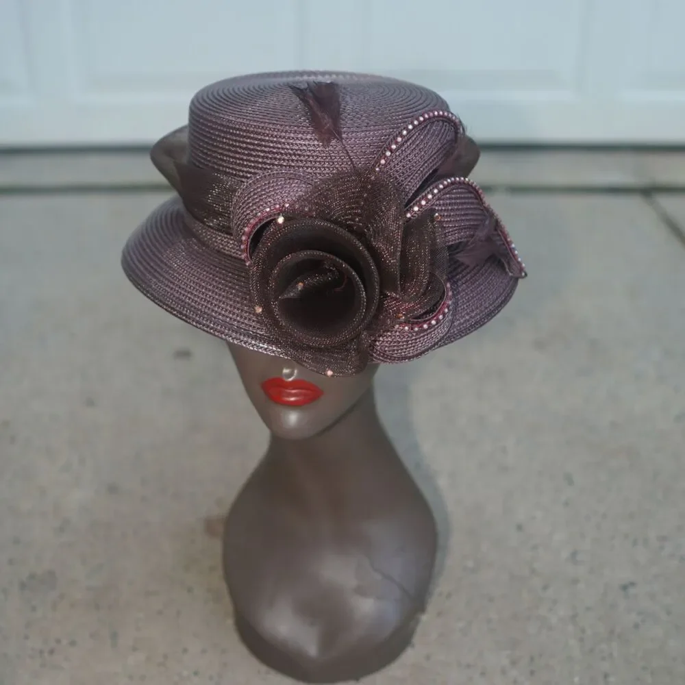 Mauve Brown Ribbon Straw Church Hat Rhinestone Rose Fascinator Vintage Style 12”